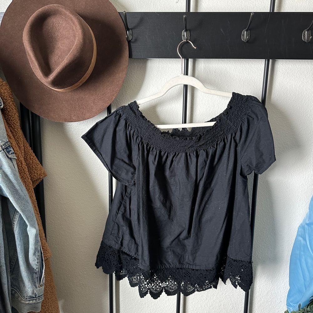 Who what wear black cotton lace time off shoulder boho summer blouse top shirt - Picture 2 of 4